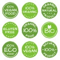 Organic food, natural products icon set. Eco, Bio and Vegan green labels or logos. Gluten free badge. Vector illustration Royalty Free Stock Photo